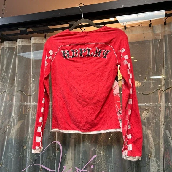 ▪️sold▪️vintage euro replay red geisha checkerboard long sleeve t shirt - Picture 6 of 8